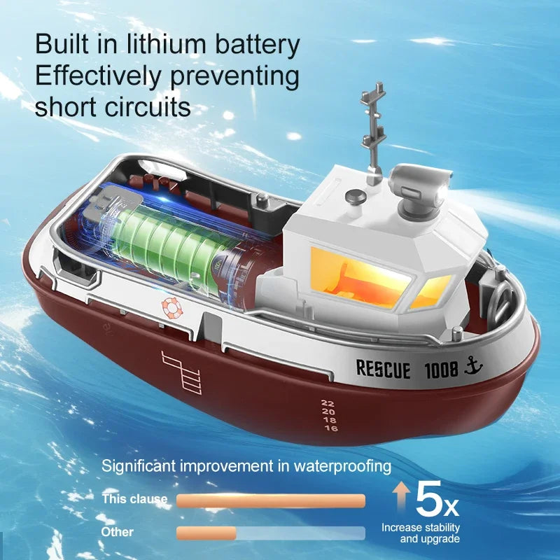 S820 RC Tugboat 1/72 Mini Boat 2.4G Dual Motors Remote Control Ship Electric Watercraft Model Toys with LED Light for Kids Gift