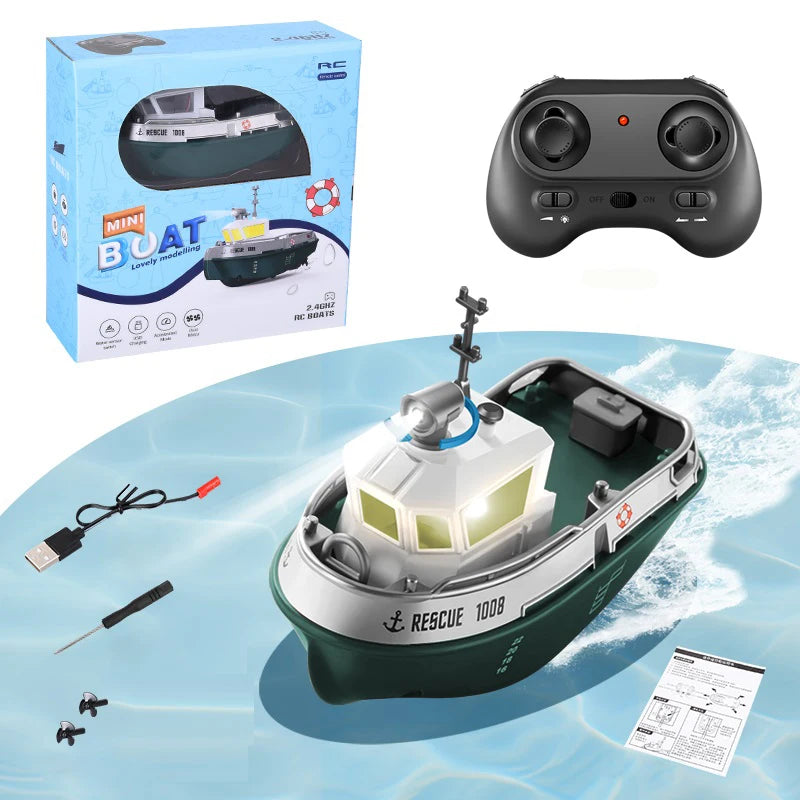 S820 RC Tugboat 1/72 Mini Boat 2.4G Dual Motors Remote Control Ship Electric Watercraft Model Toys with LED Light for Kids Gift
