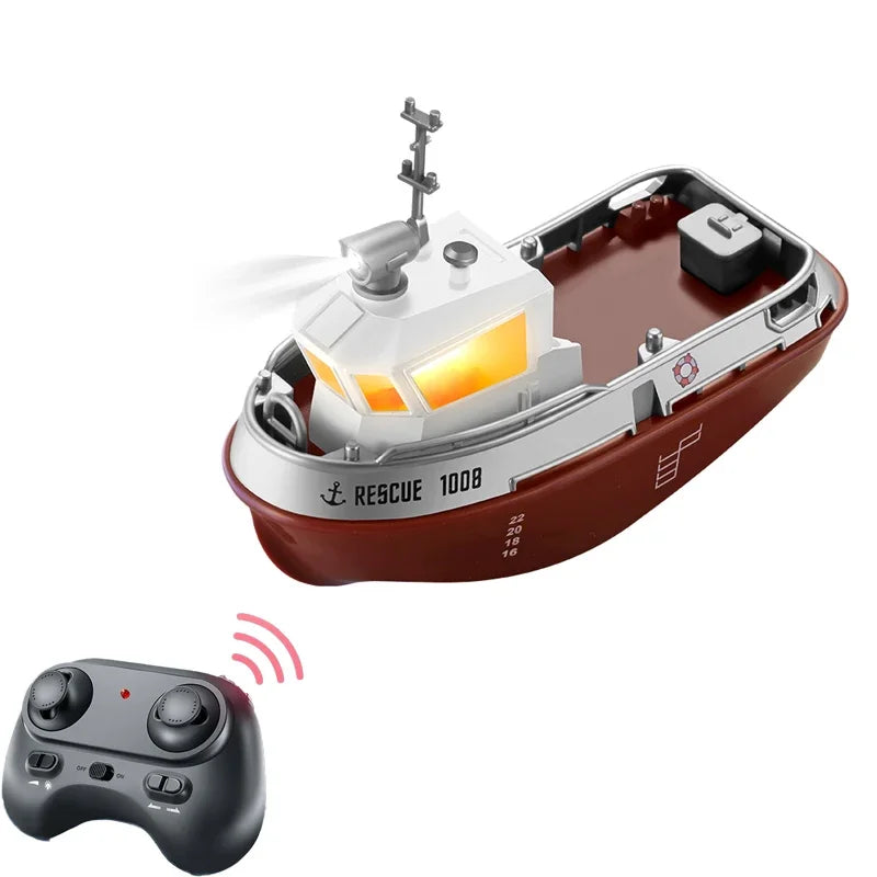 S820 RC Tugboat 1/72 Mini Boat 2.4G Dual Motors Remote Control Ship Electric Watercraft Model Toys with LED Light for Kids Gift