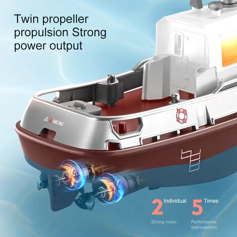 S820 RC Tugboat 1/72 Mini Boat 2.4G Dual Motors Remote Control Ship Electric Watercraft Model Toys with LED Light for Kids Gift