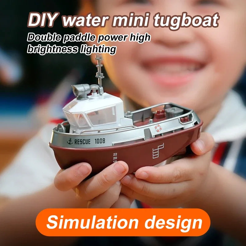 S820 RC Tugboat 1/72 Mini Boat 2.4G Dual Motors Remote Control Ship Electric Watercraft Model Toys with LED Light for Kids Gift